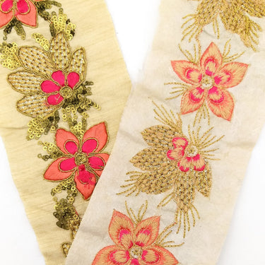 Beige Silk Fabric Trim, Peach, Pink & Gold Floral Embroidery Indian Sari Border Trim By Yard Decorative Trim Craft Lace